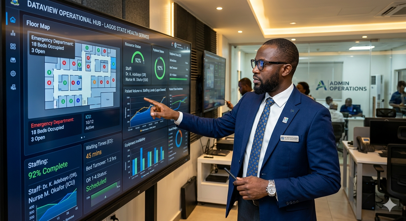 Hospital administrator reviewing RivHeal dashboard on a desktop